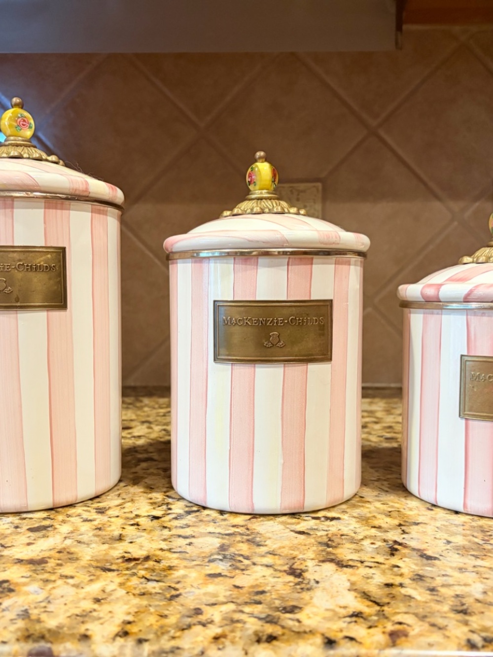 Rare & retired! Mackenzie Childs Bathing Hut canister set Pink White Stripe - Picture 5 of 5